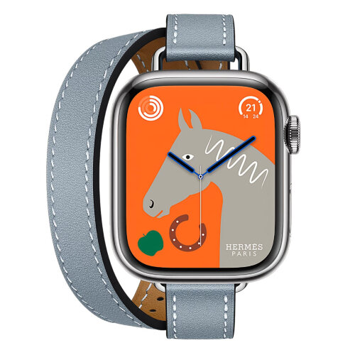 Apple Watch Hermes Series 11 42mm, двойной тонкий кожаный ремешок голубого цвета