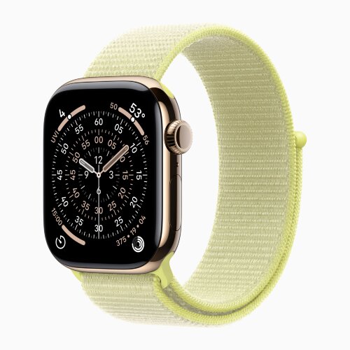 Apple Watch Series 11 42mm, Gold Titanium Case with Sport Loop - Neon Yellow