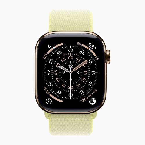 Apple Watch Series 11 42mm, Gold Titanium Case with Sport Loop - Neon Yellow