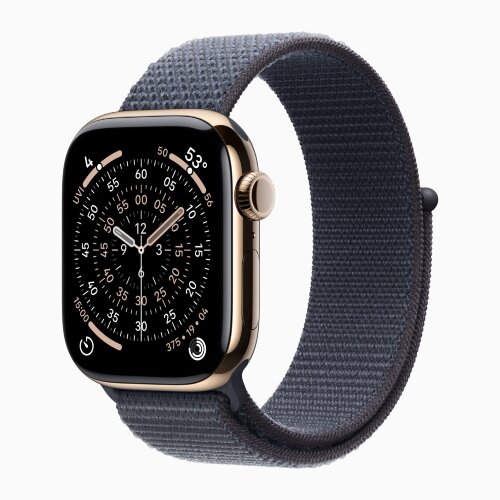 Apple Watch Series 11 42mm, Gold Titanium Case with Sport Loop - Anchor Blue