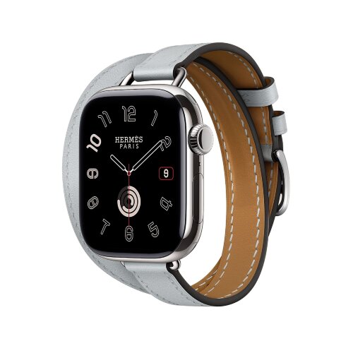 Кожаный ремешок Hermes для Apple Watch Double Tour 42mm Attelage - Серо-голубой (Bleu Glacier)