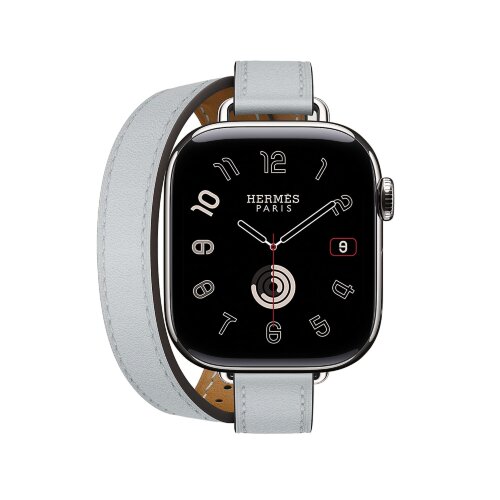 Кожаный ремешок Hermes для Apple Watch Double Tour 42mm Attelage - Серо-голубой (Bleu Glacier)