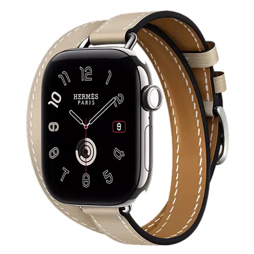 Apple Watch Hermes Series 12 42mm, двойной тонкий кожаный ремешок бежевого цвета