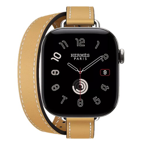 Apple Watch Hermes Series 12 42mm, двойной тонкий кожаный ремешок соломенного цвета с белой строчкой