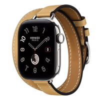 Apple Watch Hermes Series 12 42mm, двойной тонкий кожаный ремешок соломенного цвета с белой строчкой