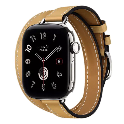 Apple Watch Hermes Series 12 42mm, двойной тонкий кожаный ремешок соломенного цвета с белой строчкой