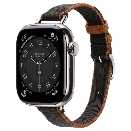 Apple Watch Hermes Series 10 42mm, тонкий ремешок из плетенного нейлона черный/золотой
