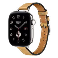 Apple Watch Hermes Series 12 42mm, тонкий кожаный ремешок соломенный цвета со светлой строчкой