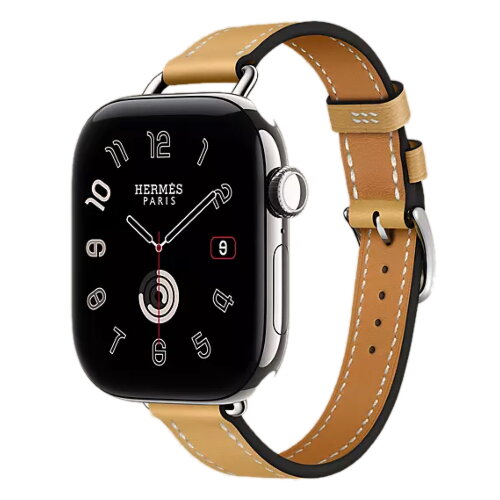 Apple Watch Hermes Series 12 42mm, тонкий кожаный ремешок соломенный цвета со светлой строчкой