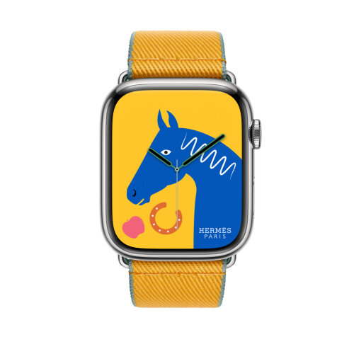 Ремешок Hermes для Apple Watch 46mm Twill Jump Single Tour - Желтый (Jaune d'Or/Bleu Jean)
