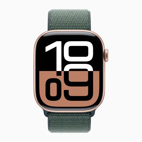 Apple Watch Series 10 46mm, Rose Gold Aluminum Case with Sport Loop - Lake Green