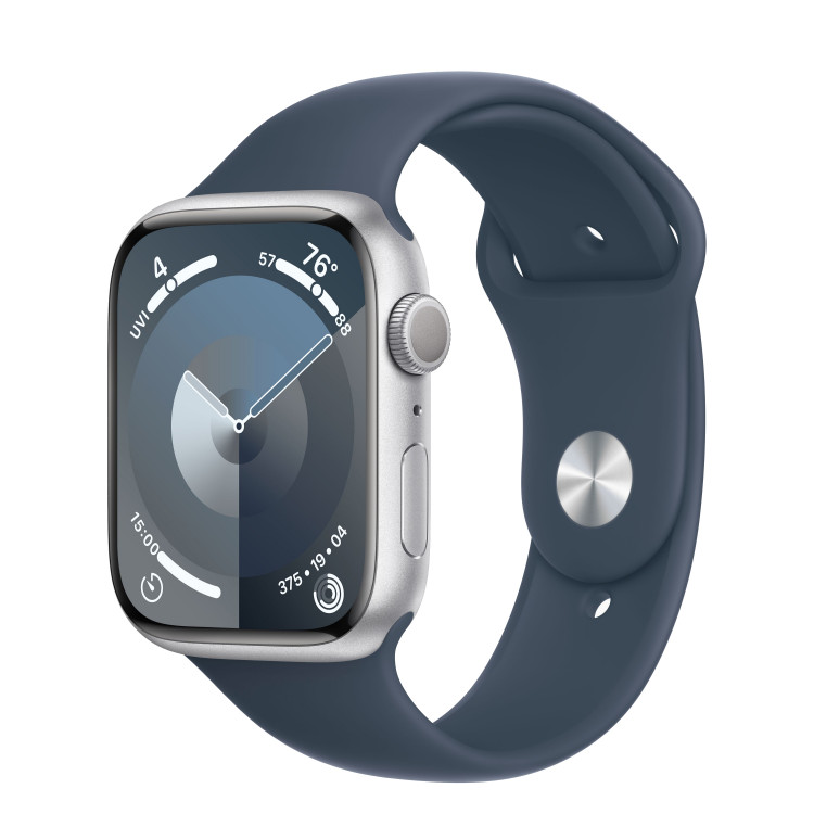 Silver apple watch with blue band deals