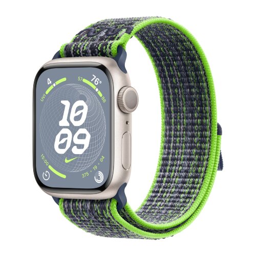 Apple Watch Series 9 45mm, Starlight Aluminum Case with Nike Sport Loop - Bright Green/Blue