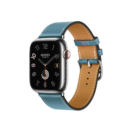 Кожаный ремешок Hermes для Apple Watch Single Tour 45mm - Голубой (Bleu Jean)