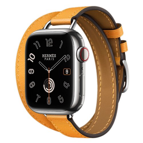 Apple Watch Hermes Series 10 42mm, двойной тонкий кожаный ремешок светло-оранжевого цвета