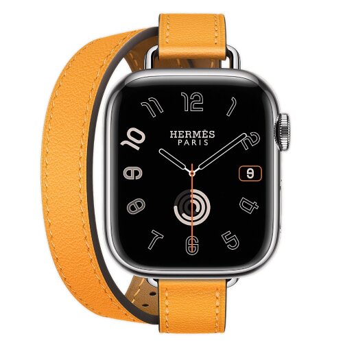 Apple Watch Hermes Series 10 42mm, двойной тонкий кожаный ремешок светло-оранжевого цвета