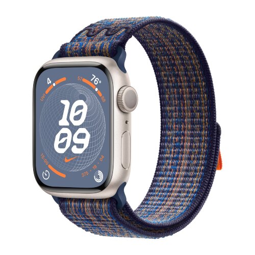 Apple Watch Series 9 45mm, Starlight Aluminum Case with Nike Sport Loop - Game Royal/Orange