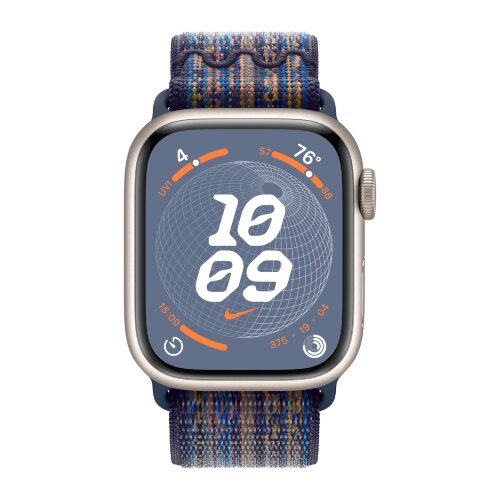 Apple Watch Series 9 45mm, Starlight Aluminum Case with Nike Sport Loop - Game Royal/Orange