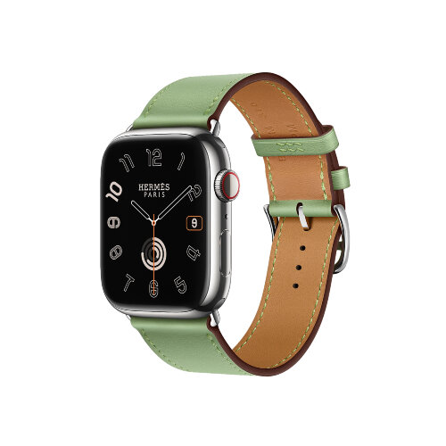 Кожаный ремешок Hermes для Apple Watch Single Tour 45mm - Светло-зеленый (Vert Criquet)