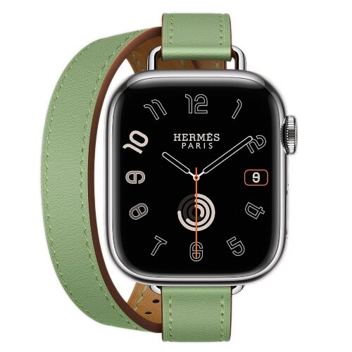 Apple Watch Hermes Series 10 42mm, двойной тонкий кожаный ремешок зеленого цвета