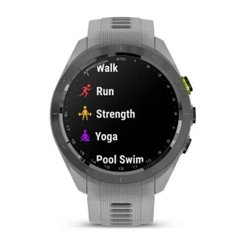 Умные часы Garmin Approach S70 42mm, Black/Amp Yellow Ceramic Bezel, Powder Gray Silicone Band