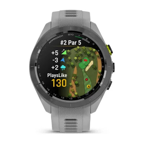 Умные часы Garmin Approach S70 42mm, Black/Amp Yellow Ceramic Bezel, Powder Gray Silicone Band