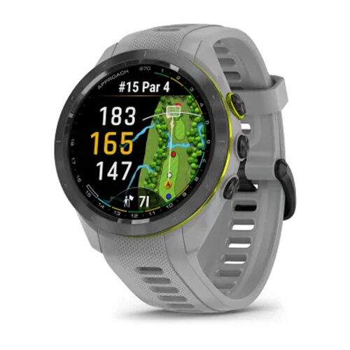 Умные часы Garmin Approach S70 42mm, Black/Amp Yellow Ceramic Bezel, Powder Gray Silicone Band