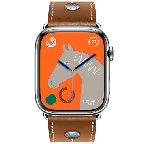 Apple Watch Hermes Series 9 45mm, классический кожаный ремешок коричневого цвета c клепкой