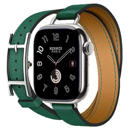 Apple Watch Hermes Series 12 42mm, двойной тонкий зеленый кожаный ремешок с пряжкой