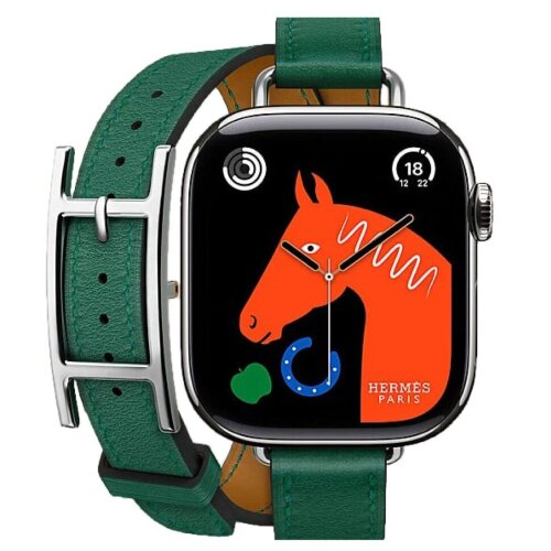 Apple Watch Hermes Series 12 42mm, двойной тонкий зеленый кожаный ремешок с пряжкой