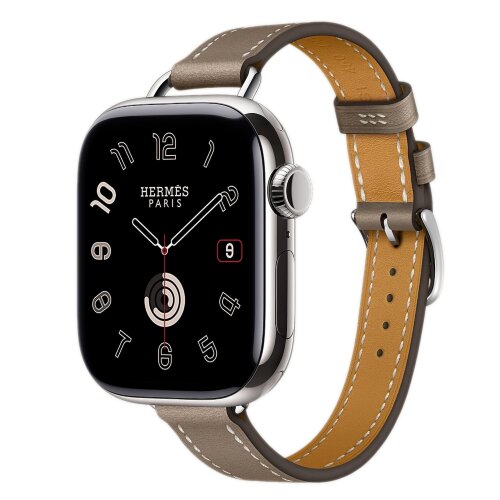 Apple Watch Hermes Series 10 42mm, тонкий кожаный ремешок светло-коричневого цвета