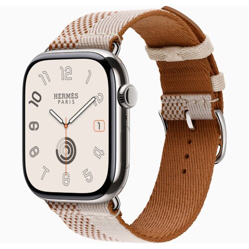 Apple Watch Hermes Series 11 46mm, клетчатый бежевый ремешок из плетеного нейлона