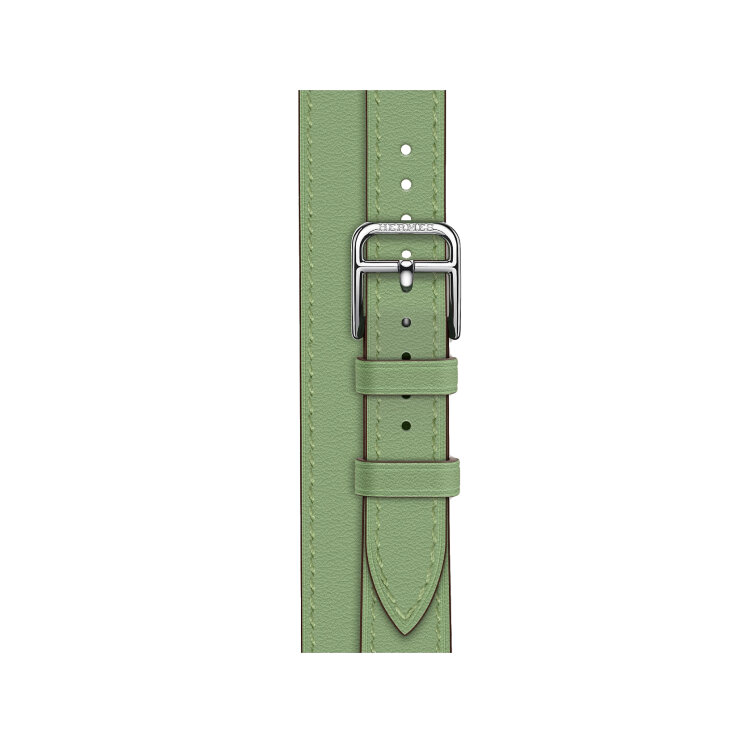 Кожаный ремешок Hermes для Apple Watch Double Tour 42mm Attelage - Светло-зеленый (Vert Criquet)