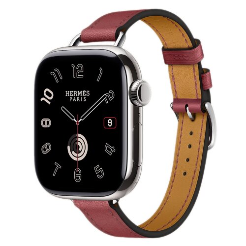 Apple Watch Hermes Series 10 42mm, тонкий кожаный ремешок гранатового цвета