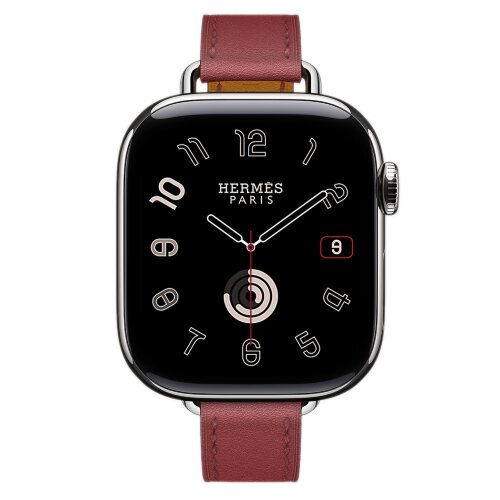 Apple Watch Hermes Series 10 42mm, тонкий кожаный ремешок гранатового цвета