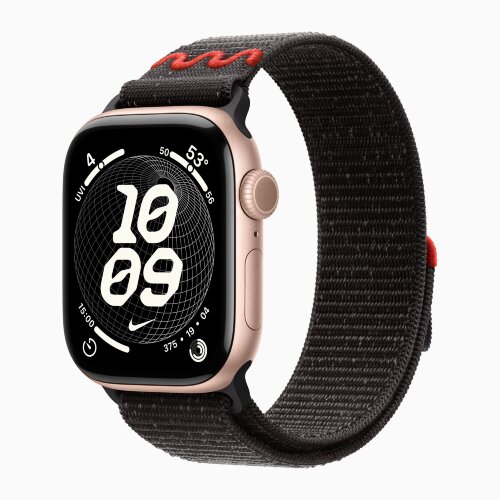 Apple Watch Series 11 42mm, Rose Gold Aluminum Case with Nike Sport Loop - Midnight Black