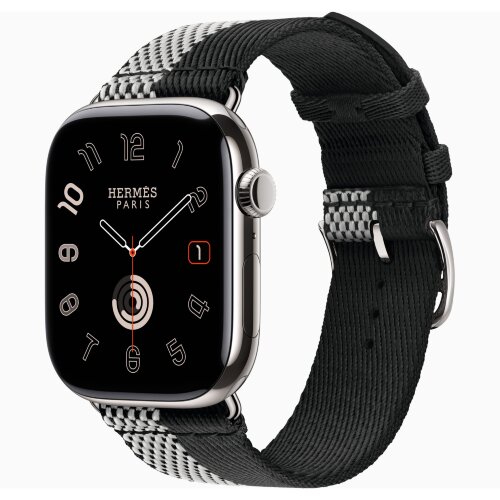 Apple Watch Hermes Series 11 46mm, клетчатый черно-белый ремешок из плетеного нейлона
