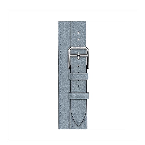 Кожаный ремешок Hermes для Apple Watch Double Tour 42mm Attelage - Bleu Lin с белой строчкой