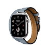 Кожаный ремешок Hermes для Apple Watch Double Tour 42mm Attelage - Bleu Lin с белой строчкой