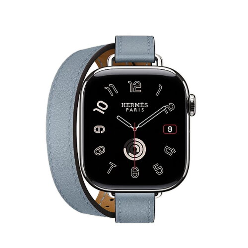 Кожаный ремешок Hermes для Apple Watch Double Tour 42mm Attelage - Bleu Lin с белой строчкой