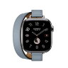 Кожаный ремешок Hermes для Apple Watch Double Tour 42mm Attelage - Bleu Lin с белой строчкой