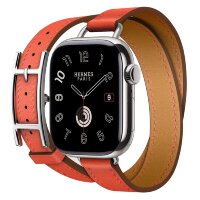 Apple Watch Hermes Series 12 42mm, двойной тонкий оранжевый кожаный ремешок с пряжкой