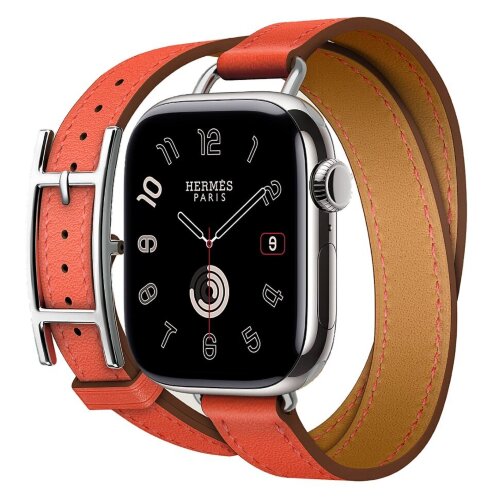 Apple Watch Hermes Series 12 42mm, двойной тонкий оранжевый кожаный ремешок с пряжкой