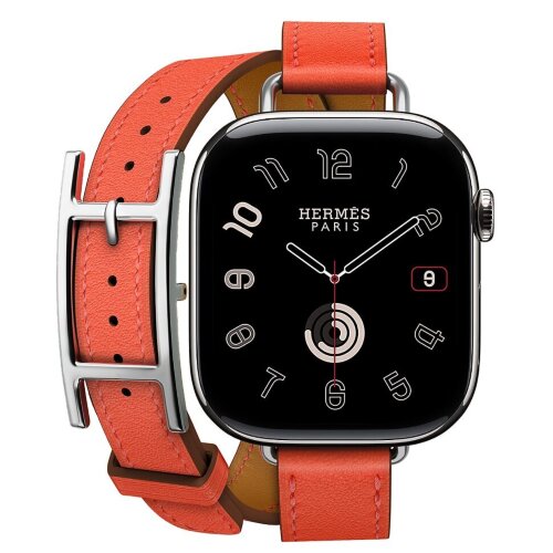 Apple Watch Hermes Series 12 42mm, двойной тонкий оранжевый кожаный ремешок с пряжкой