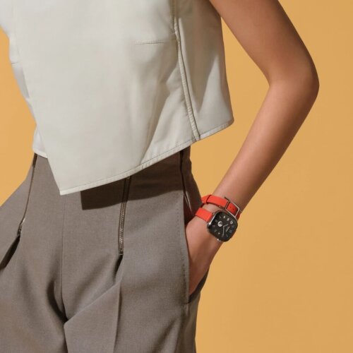 Apple Watch Hermes Series 12 42mm, двойной тонкий оранжевый кожаный ремешок с пряжкой