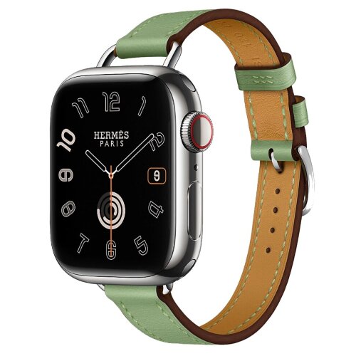 Apple Watch Hermes Series 10 42mm, тонкий кожаный ремешок зеленого цвета