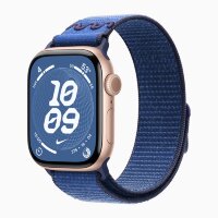 Apple Watch Series 11 42mm, Rose Gold Aluminum Case with Nike Sport Loop - Blue Ribbon