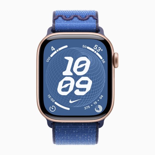 Apple Watch Series 11 42mm, Rose Gold Aluminum Case with Nike Sport Loop - Blue Ribbon
