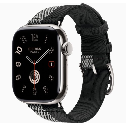 Apple Watch Hermes Series 11 42mm, клетчатый черно-белый ремешок из плетеного нейлона
