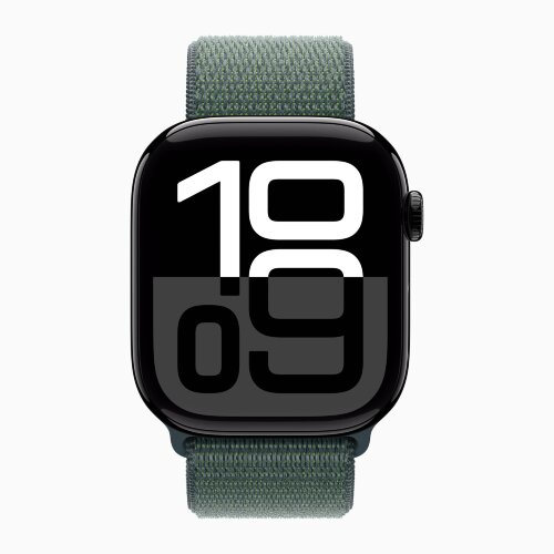 Apple Watch Series 10 46mm, Jet Black Aluminum Case with Sport Loop - Lake Green